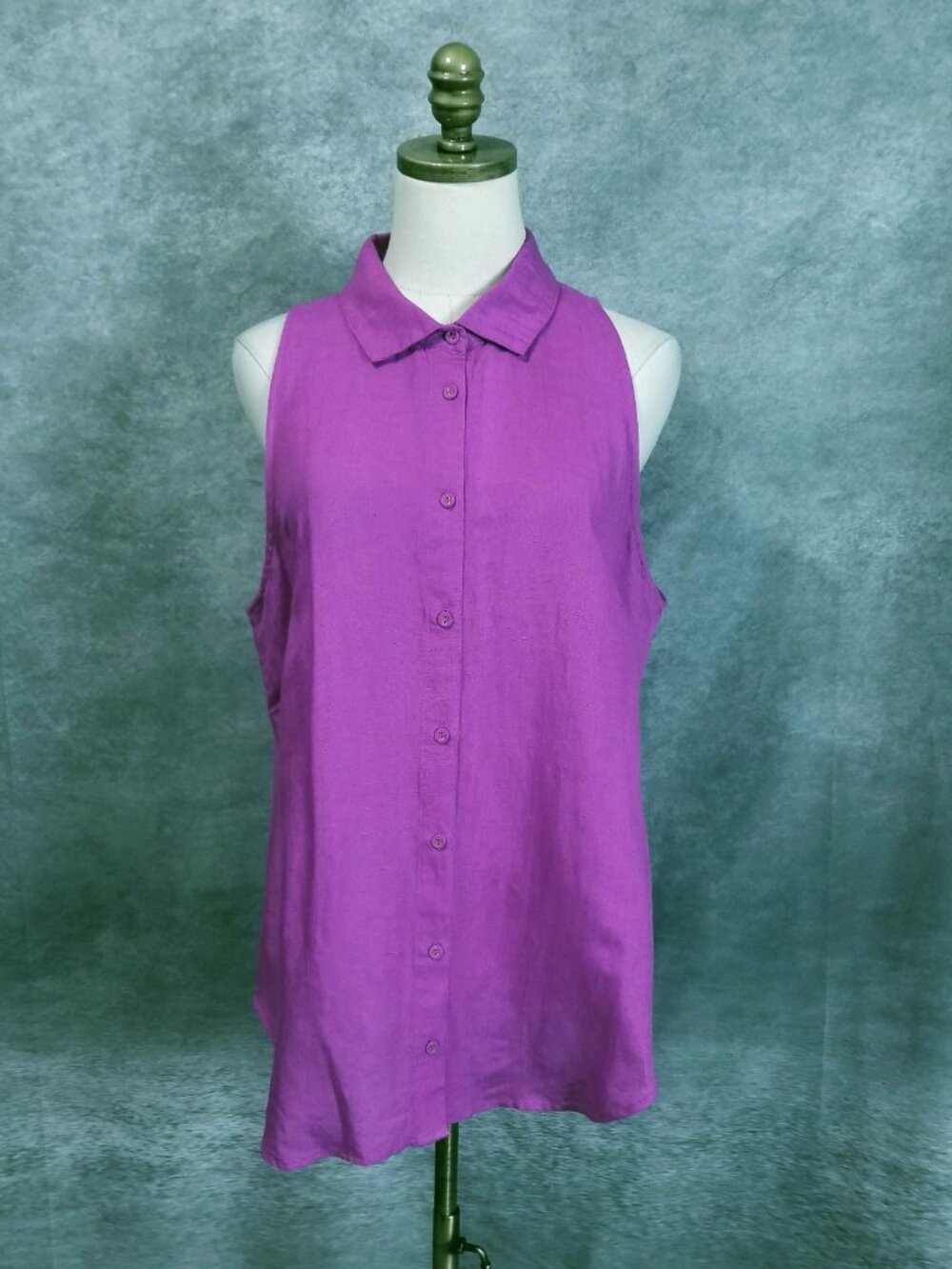 Boston Proper Purple Linen Blend Sleeveless Button-Down Shirt Size L Summer Chic